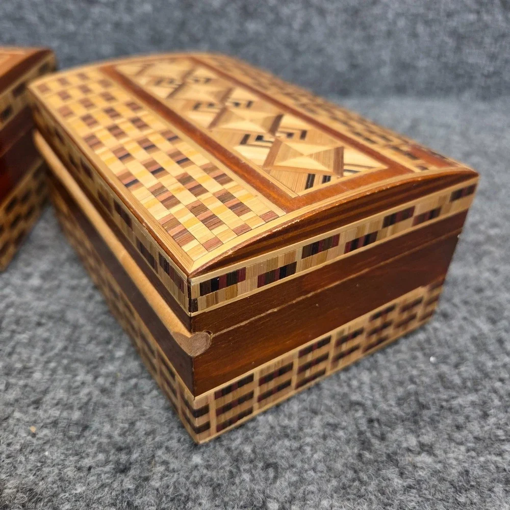 2 Vintage Hand Carved Wooden Trinket Box with‎ Straw Ornament USSR RUSSIA